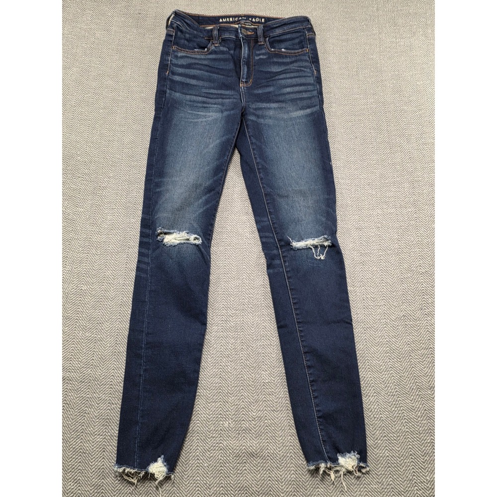 American Eagle Super Hi Rise Jegging Jeans Dark Wash Raw Hem‎ Women Size 4 Long